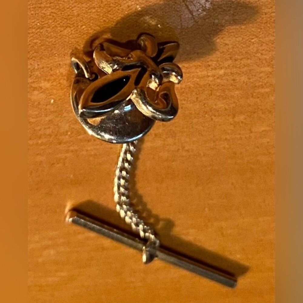 Silver Tone Floral Tie Tack Pin Men's Chain Bar